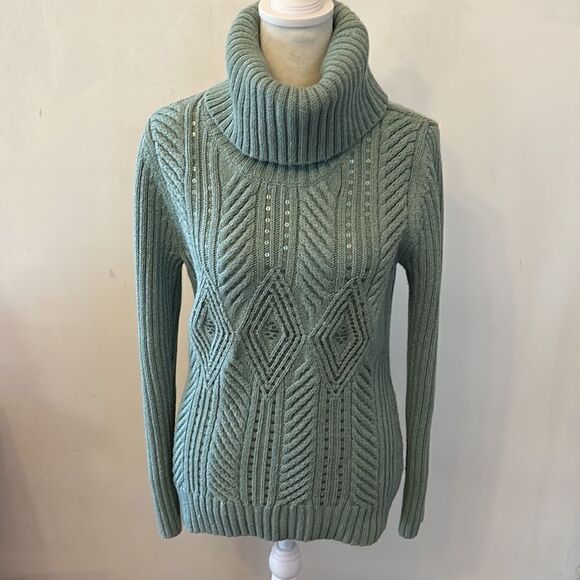 Talbots sage green long sleeve sequined turtleneck sweater Size MP - Picture 2 of 9